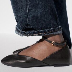 NWT Zara Dark Brown Flats with Gold Buckle